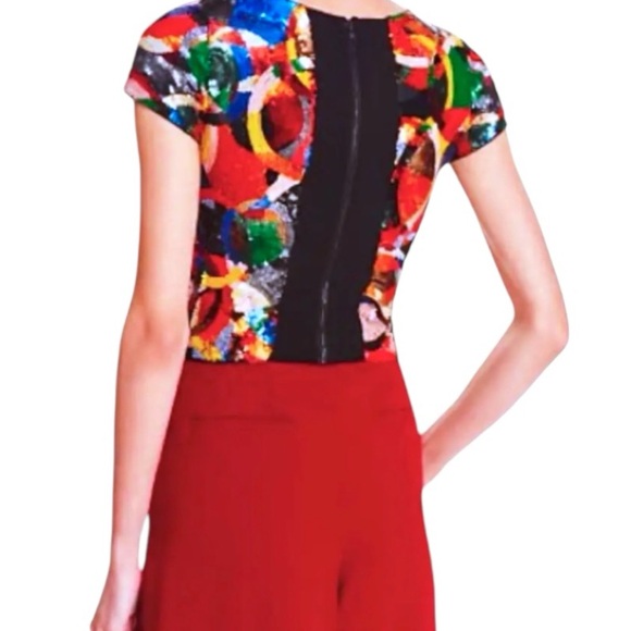$440 Sequins Alice + Olivia Kaleidoscopic Crop Top 2 COLORFUL Back Stretch Panel - Picture 13 of 16